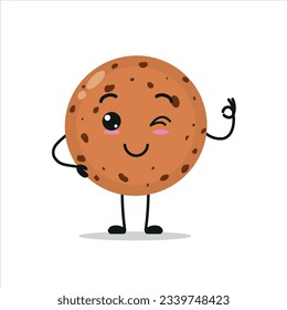 Cute happy cookie character. Funny smiling and blink biscuit cartoon emoticon in flat style. bakery emoji vector illustration