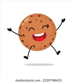 Personaje de galleta feliz. Funny victoria salta celebración bizcocho emoticono de dibujos animados en estilo plano. ilustración vectorial de emoticonos de panadería