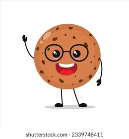 Cute happy cookie character. Smiling and greet biscuit cartoon emoticon in flat style. bakery emoji vector illustration