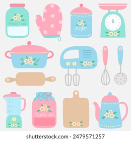 Cute happy cooking kitchenware in Children Style Cartoon illustration