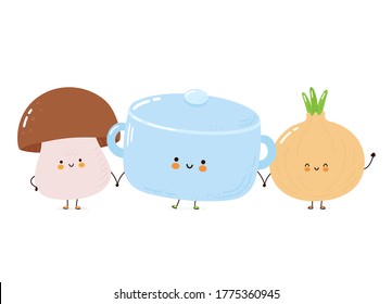 Cute Happy Cooking Pot,mushroom And Onion Character. Isolated On White Background. Vector Cartoon Character Hand Drawn Style Illustration