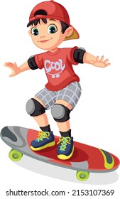 Cute happy cool kid with skateboard. Cartoon boy and colorful clipart character. Cartoon design for t shirt print, icon, logo, label, patch or sticker. Vector illustration.