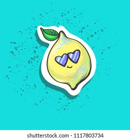 Cute happy cool lemon with leaf in sun glasses sticker fashion patch badge