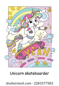 Un unicornio alegre y fresco en una patineta y con letras, sí. Ilustración vectorial de color de carácter de dibujos animados. Cartel y portada del libro de unicornio. Para tarjetas, impresiones, diseño, pegatinas, decoración, rompecabezas y juegos