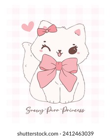 Cute happy coquette cat with Valentine fluffy white kitten adorned with pink ribbon bow, adorable pet animal doodle illustration hand drawing.