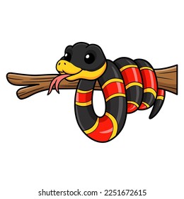 Cute happy coral snake cartoon on tree branch