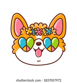 Cute happy corgi dog face with hippie glasses and flower wreath. Vector flat line cartoon kawaii character icon. Hand drawn style illustration. Isolated on white background. Corgi puppy pet concept