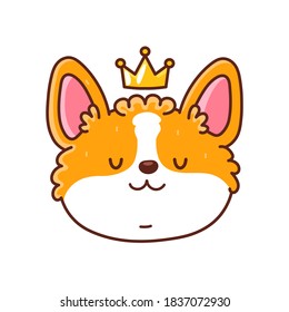 Cute happy corgi dog face with crown. Vector flat line cartoon kawaii character icon. Hand drawn style illustration. Isolated on white background. Corgi puppy pet with king crown concept