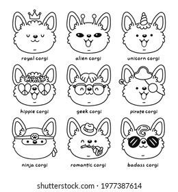 Cute happy corgi dog face set collection. Vector line cartoon kawaii character icon. Hand drawn style illustration. Isolated on white background. Corgi puppy pet bundle for coloring book page concept