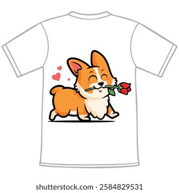 Cute happy corgi dog with hat and rose flower in mouth, hand-drawn style illustration, Cute cartoon corgi dog, vector kawaii puppy character with a cheerful face expression.