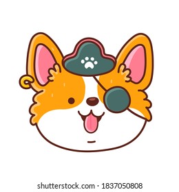 Cute happy corgi dog in pirate hat and patch on eye. Vector flat line cartoon kawaii character icon. Hand drawn style illustration. Isolated on white background. Corgi puppy pet pirate concept