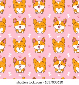 Cute happy corgi dog seamless pattern. Vector flat line cartoon kawaii character icon. Hand drawn style illustration. Isolated on white background. Corgi puppy pet seamless pattern concept