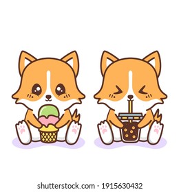 cute happy corgy eating ice cream and drink boba drink