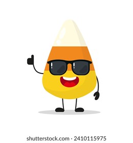 Cute happy corn candy character wear sunglasses. Funny sweet greet friend cartoon emoticon in flat style. closet vector illustration