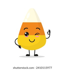 Cute happy corn candy character. Funny smiling and wink sweet cartoon emoticon in flat style. closet vector illustration