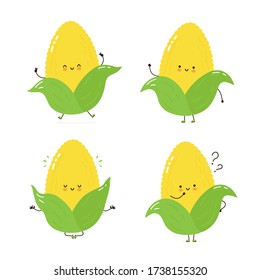 Cute happy corn character set collection. Isolated on white background. Vector cartoon character illustration