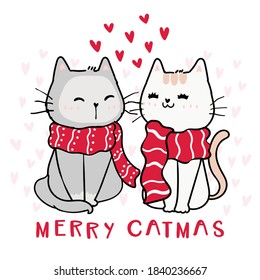 cute happy couple cat in red Christmas winter scarf, Merry catmas with heart in background, idea for greeting card, nursery wall art, print