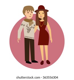 cute happy couple embracing. guy in a sweater with a reindeer. girl in a dress and hat