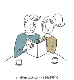 Cute happy couple looking at menu and choosing their dishes at restaurant. Vector illustration with hand-drawn style.