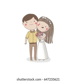 Cute happy couple in love, newlyweds hug each other, girl is in a white wedding dress with bouquet of flowers, boy in yellow plaid shirt. Vector illustration isolated on a white background.