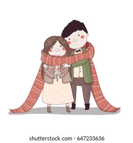 Cute happy couple in love, newlyweds hug each other. They wear a warm red scarf . Vector illustration isolated on a white background.