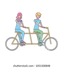 cute happy couple riding in tandem bike recreation