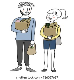 Cute and happy couple shopping together, carrying grocery bags and talking to each other. Vector illustration with hand-drawn style. 