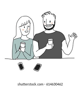 Una pareja alegre y agradable pasa su buen rato en una cafetería. Ilustración vectorial con estilo dibujado a mano.