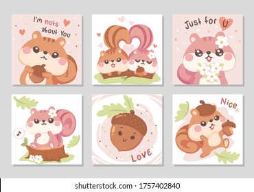 Cute happy couple squirrel with acorn and flower. Woodland animal friends. Autumn in love. Fall theme pastel color. Lovely cozy day. Set of rectangle gift tag, card, postcard. Vector illustration.