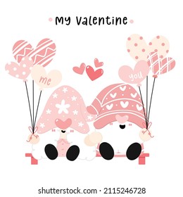 Cute happy couple two Gnomes holding hand in love, sweet Valentine Gnome, cartoon flat vector