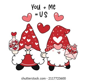 Cute happy couple two Gnomes holding hand in love, sweet Valentine Gnome, cartoon flat vector drawing outline