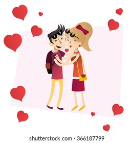 Cute and happy couple vector hand drawn illustration with hearts.