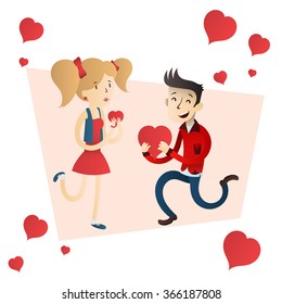 Cute and happy couple vector hand drawn illustration with hearts.