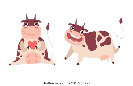 Cute Happy Cow Characters Set, Funny Smiling Adorable Farm Animals Cartoon Vector Illustration