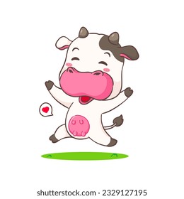 Cute happy cow jumping cartoon character. Adorable animal concept design. Isolated white background. Vector illustration