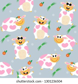 Cute happy cows cartoon seamless vector illustration background. Character kawaii fun pink white cow in farm design.