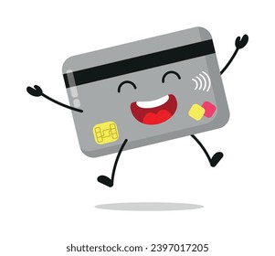 Carácter de tarjeta de crédito feliz. Divertido triunfo salto celebración economía emoticono de dibujos animados de estilo plano. ilustración vectorial de closet