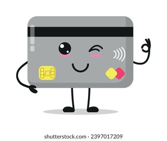 Carácter de tarjeta de crédito feliz. Divertido emoticono de caricatura de economía sonriente y guiñada en estilo plano. ilustración vectorial de closet