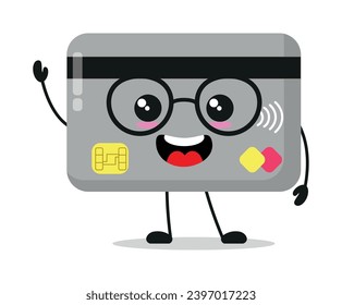 Cute happy credit card character wear eyeglasses. Smiling and greet economy cartoon emoticon in flat style. closet vector illustration