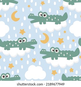 cute happy crocodile cartoon character in the blue sky with stars and clouds, kids seamless pattern design for wrapping paper, fabric and textile. Childish reptile motifs