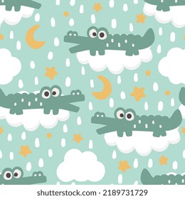 cute happy crocodile cartoon character in the mint green sky with stars and clouds, kids seamless pattern design for wrapping paper, fab