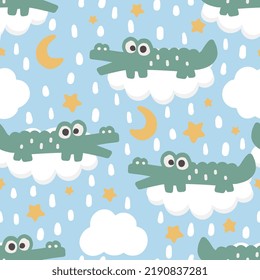 cute happy crocodile cartoon character in the blue sky with stars and clouds, kids seamless pattern design for wrapping paper, fab