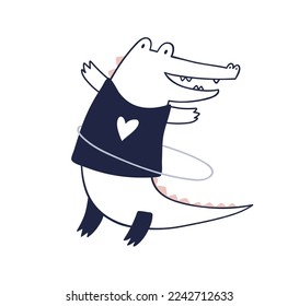 Cute happy crocodile exercising with hula hoop. Funny animal character during fitness. Adorable alligator in Scandinavian style. Kids flat graphic vector illustration isolated on white background