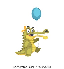 Cute Happy Crocodile Holding A Balloon Vector Illustration Isolated On White Background