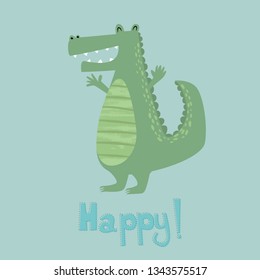 Cute happy crocodile vector illustration, t-shirt design for kids, baby fashion print.