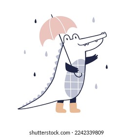 Cute happy crocodile walking under umbrella in rainy weather. Funny alligator animal in rain. Childish character in Scandinavian style. Flat graphic vector illustration isolated on white background