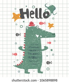 Cute Happy Crocodile.cartoon hand drawn vector illustration. Can be used for baby t-shirt print, fashion print design, kids wear, baby shower celebration greeting and invitation card.