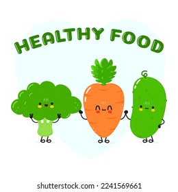 Cute happy cucumber broccoli and carrot card. Vector hand drawn doodle style cartoon character illustration icon design. Cute happy cucumber broccoli and carrot friends concept card
