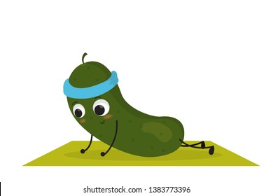 Cute happy cucumber character doing sport exercise. Making push-ups in the gym. Idea of diet and active lifestyle. Isolated vector illustration in cartoon style