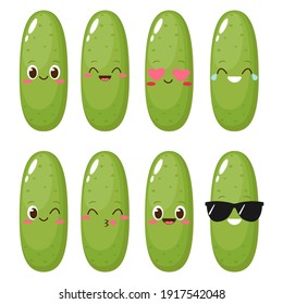 Cute happy cucumber character set. Cartoon pickle funny emoticon in flat style. Vegetable emoji vector illustration